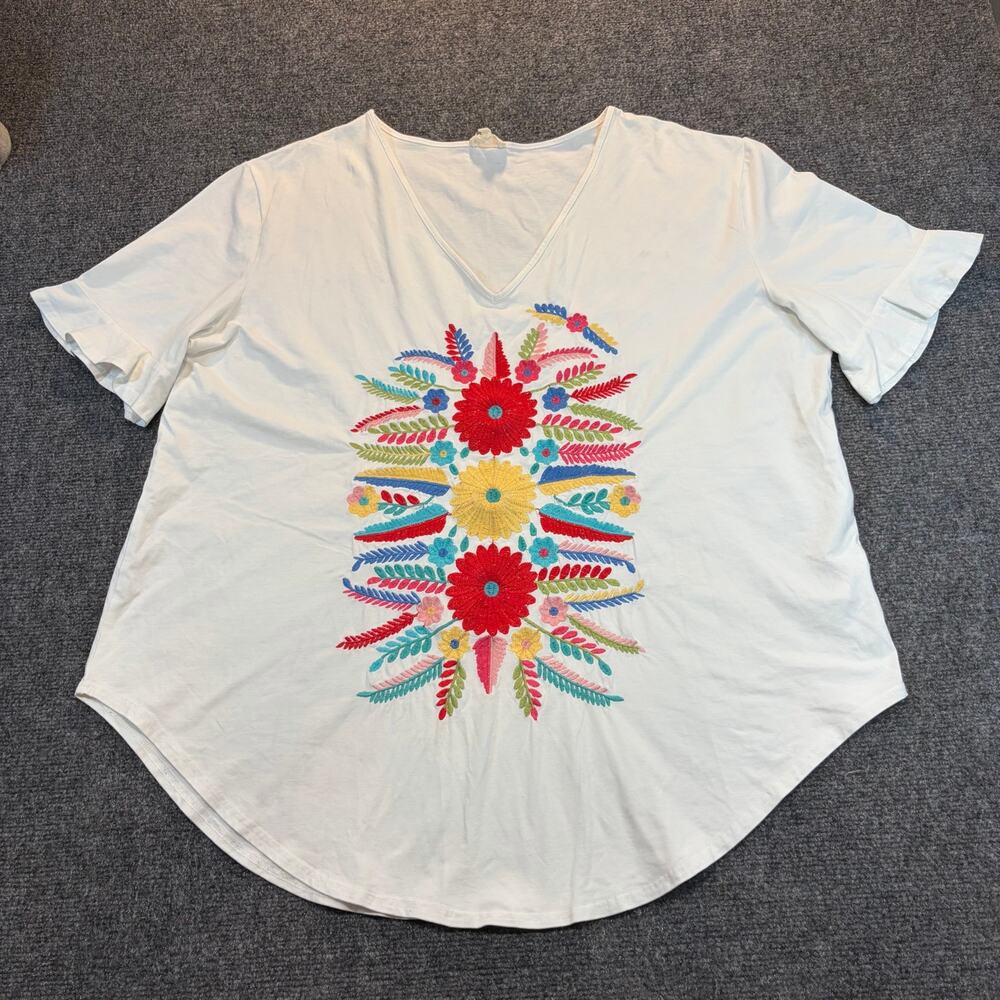 Layers White Floral Embroidered Boho Blouse Top Size XL Colorful Mexican Fiesta